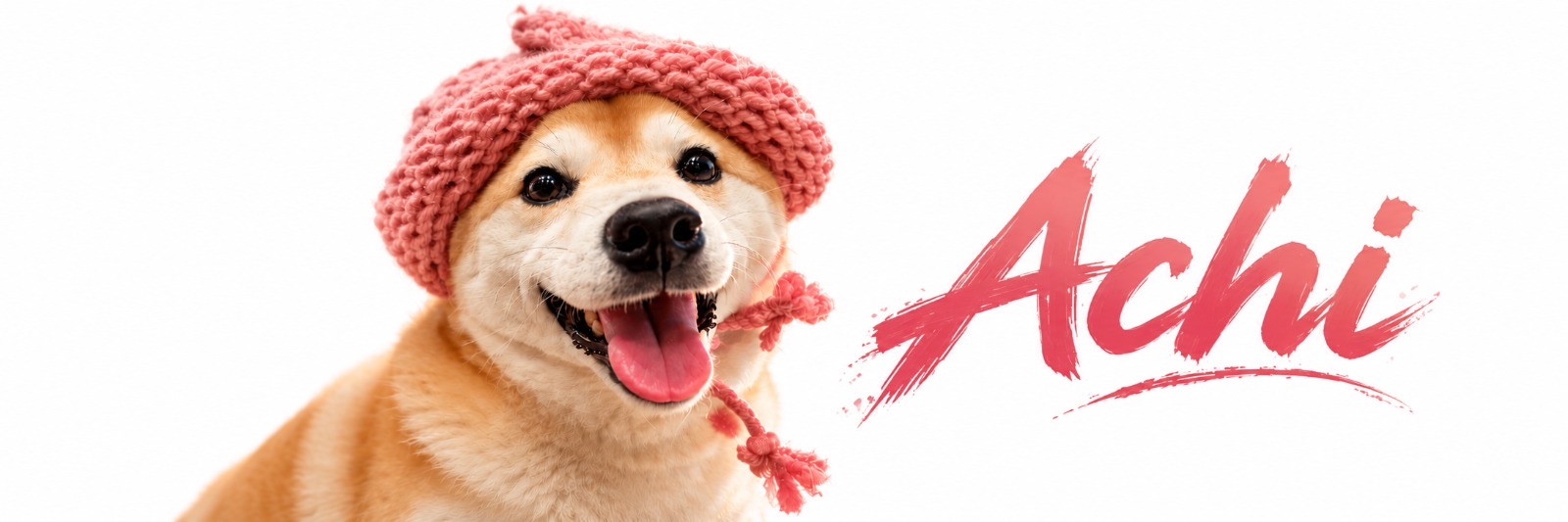 Achi wearing a knitted pink hat beside the Achi brush-lettered logo